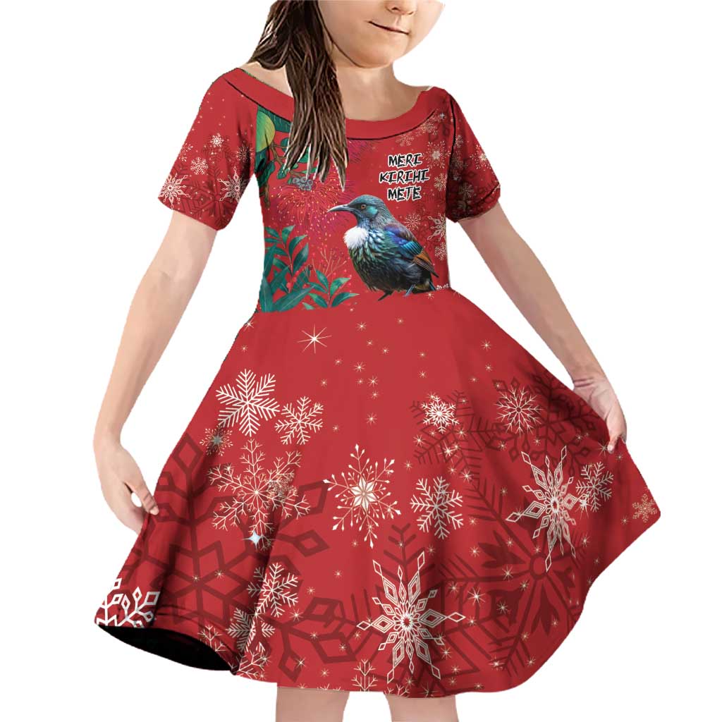 Tui Meri Kirihimete Personalised Family Matching Off Shoulder Short Dress and Hawaiian Shirt Pohutukawa Flowers Red Motif LT9 Daughter's Dress Red - Polynesian Pride