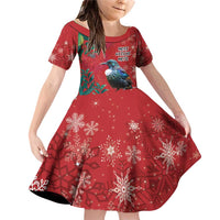 Tui Meri Kirihimete Personalised Family Matching Off Shoulder Short Dress and Hawaiian Shirt Pohutukawa Flowers Red Motif LT9 Daughter's Dress Red - Polynesian Pride