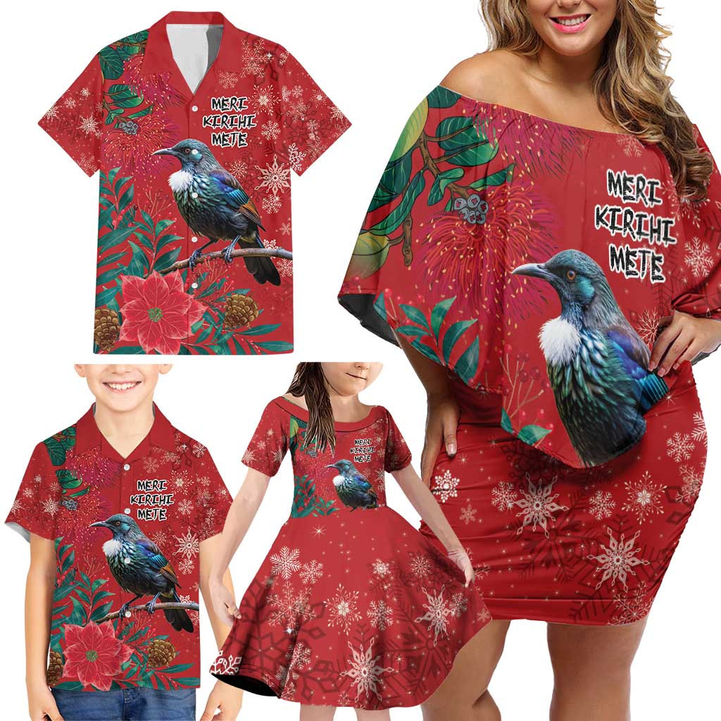 Tui Meri Kirihimete Personalised Family Matching Off Shoulder Short Dress and Hawaiian Shirt Pohutukawa Flowers Red Motif LT9 - Polynesian Pride