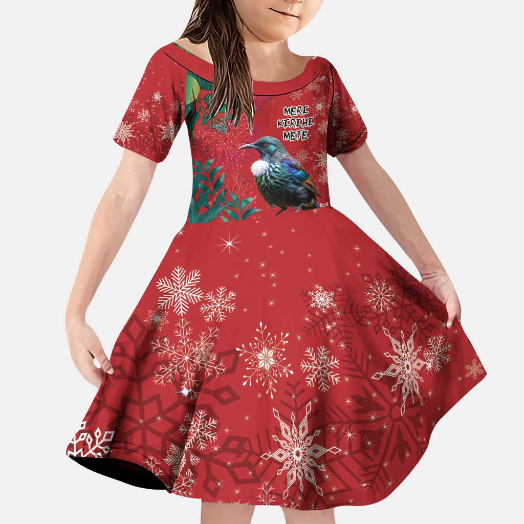 Tui Meri Kirihimete Personalised Family Matching Puletasi and Hawaiian Shirt Pohutukawa Flowers Red Motif LT9 Daughter's Dress Red - Polynesian Pride