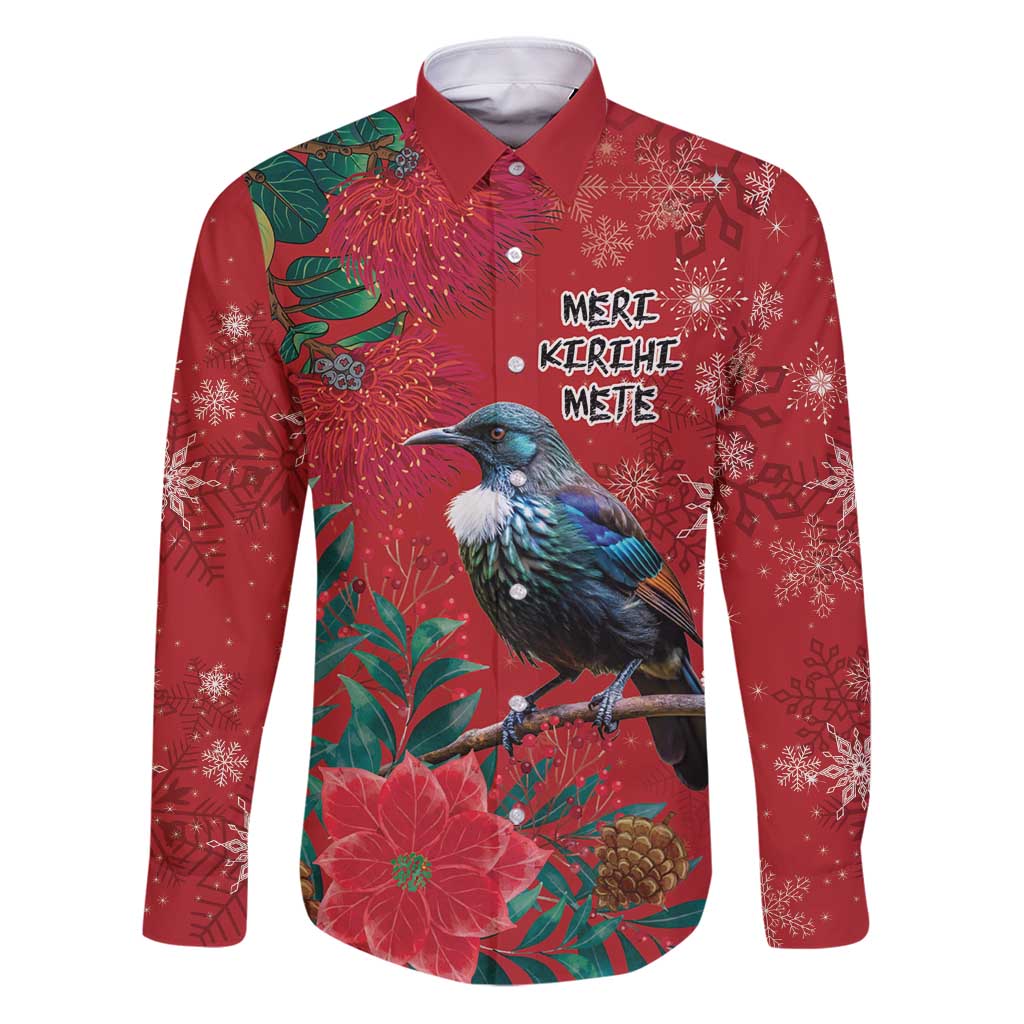 Tui Meri Kirihimete Personalised Family Matching Puletasi and Hawaiian Shirt Pohutukawa Flowers Red Motif LT9 Dad's Shirt - Long Sleeve Red - Polynesian Pride