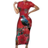 Tui Meri Kirihimete Personalised Family Matching Short Sleeve Bodycon Dress and Hawaiian Shirt Pohutukawa Flowers Red Motif LT9 Mom's Dress Red - Polynesian Pride