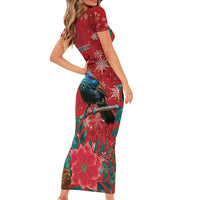 Tui Meri Kirihimete Personalised Family Matching Short Sleeve Bodycon Dress and Hawaiian Shirt Pohutukawa Flowers Red Motif LT9 - Polynesian Pride