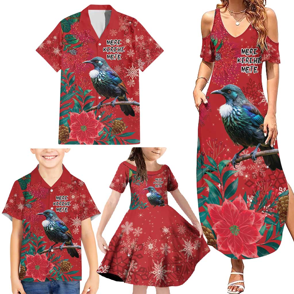 Tui Meri Kirihimete Personalised Family Matching Summer Maxi Dress and Hawaiian Shirt Pohutukawa Flowers Red Motif LT9 - Polynesian Pride