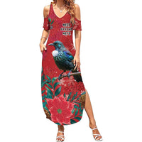 Tui Meri Kirihimete Personalised Family Matching Summer Maxi Dress and Hawaiian Shirt Pohutukawa Flowers Red Motif LT9 Mom's Dress Red - Polynesian Pride