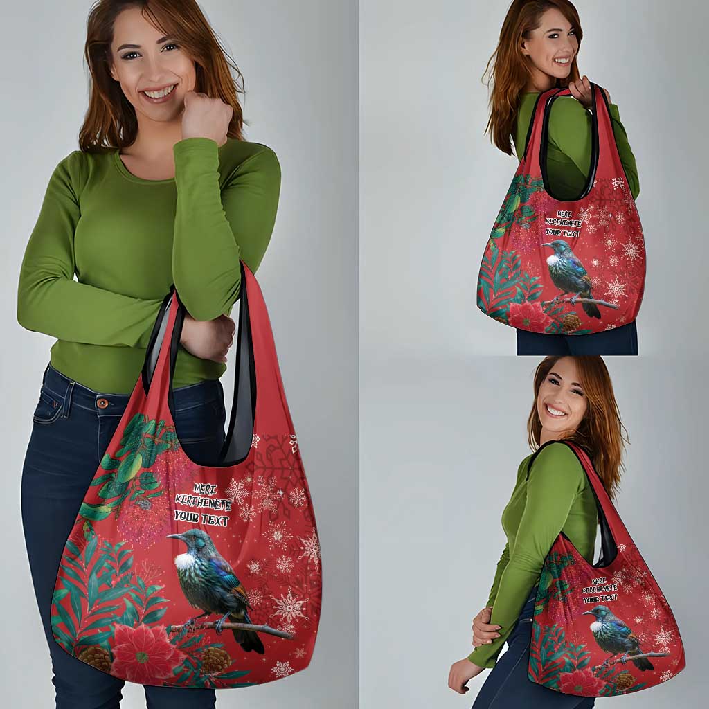 Tui Meri Kirihimete Personalised Grocery Bag Pohutukawa Flowers Red Motif - Polynesian Pride