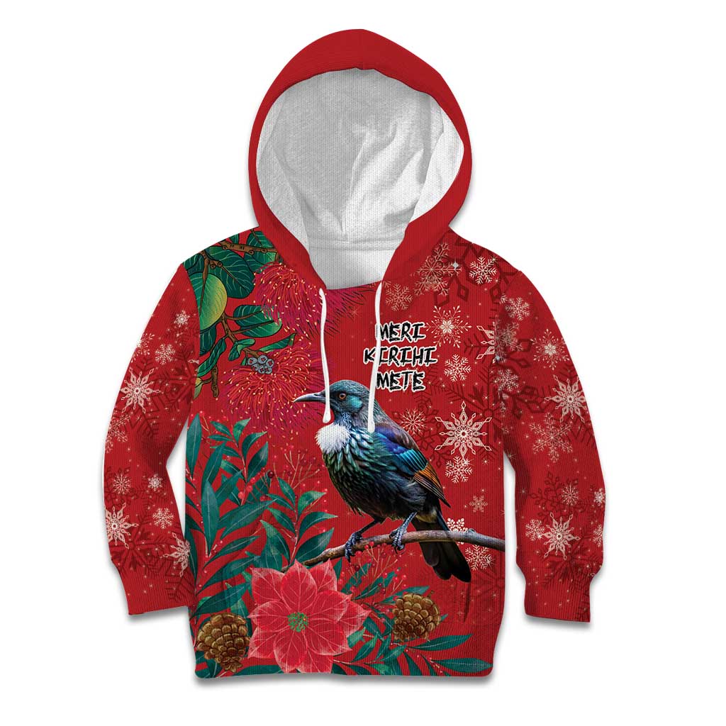 Tui Meri Kirihimete Personalised Kid Hoodie Pohutukawa Flowers Red Motif LT9 Hoodie Red - Polynesian Pride
