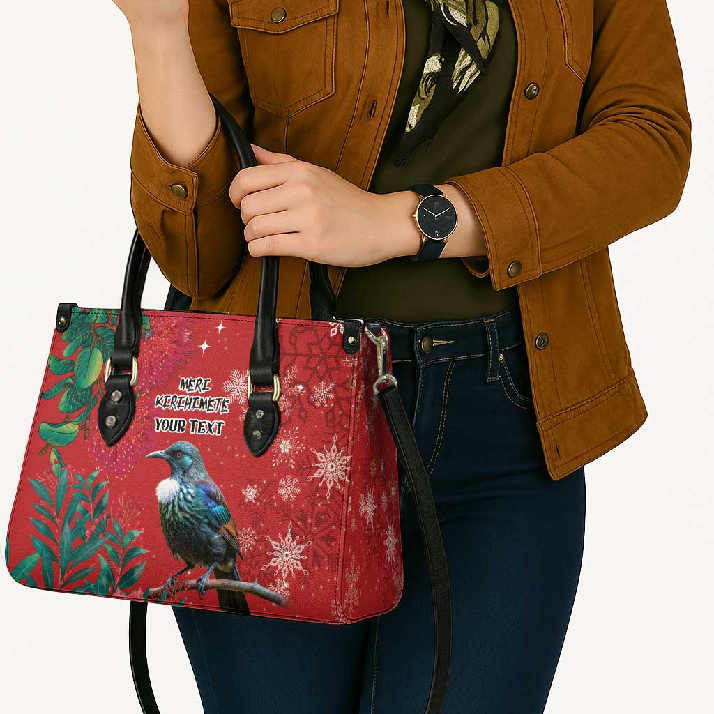 Tui Meri Kirihimete Personalised Leather Bag Pohutukawa Flowers Red Motif - Polynesian Pride