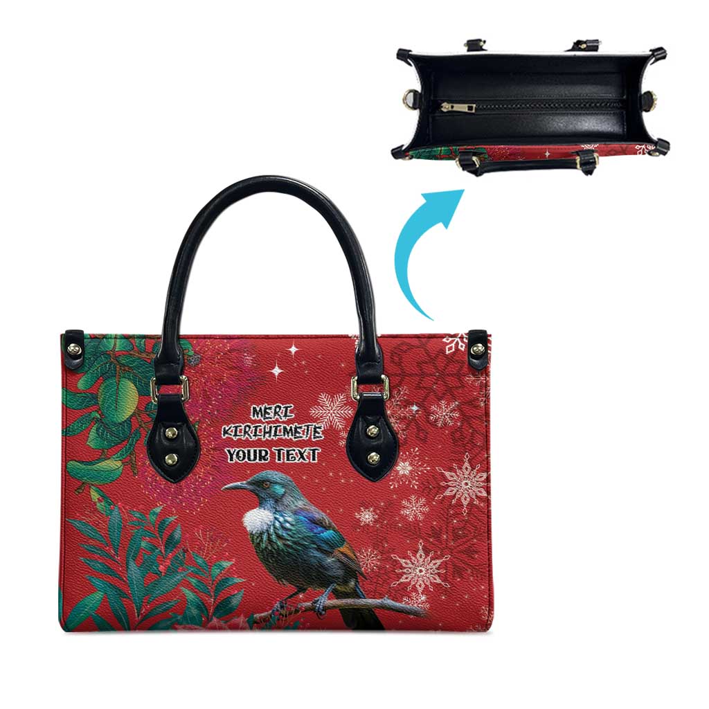Tui Meri Kirihimete Personalised Leather Bag Pohutukawa Flowers Red Motif - Polynesian Pride