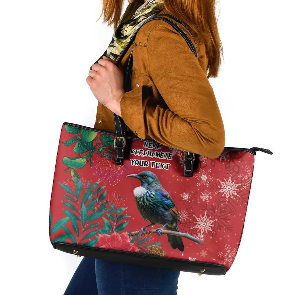 Tui Meri Kirihimete Personalised Leather Tote Bag Pohutukawa Flowers Red Motif - Polynesian Pride