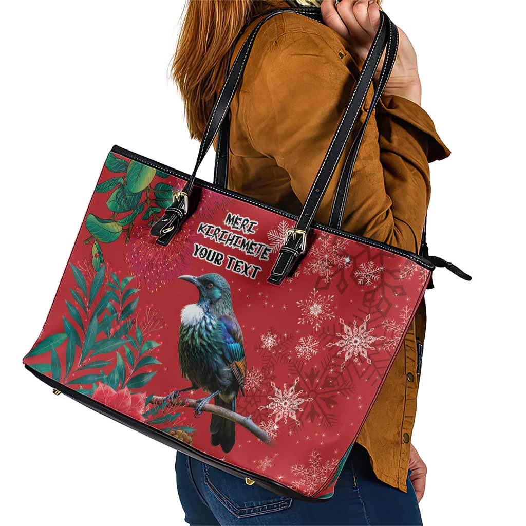 Tui Meri Kirihimete Personalised Leather Tote Bag Pohutukawa Flowers Red Motif - Polynesian Pride