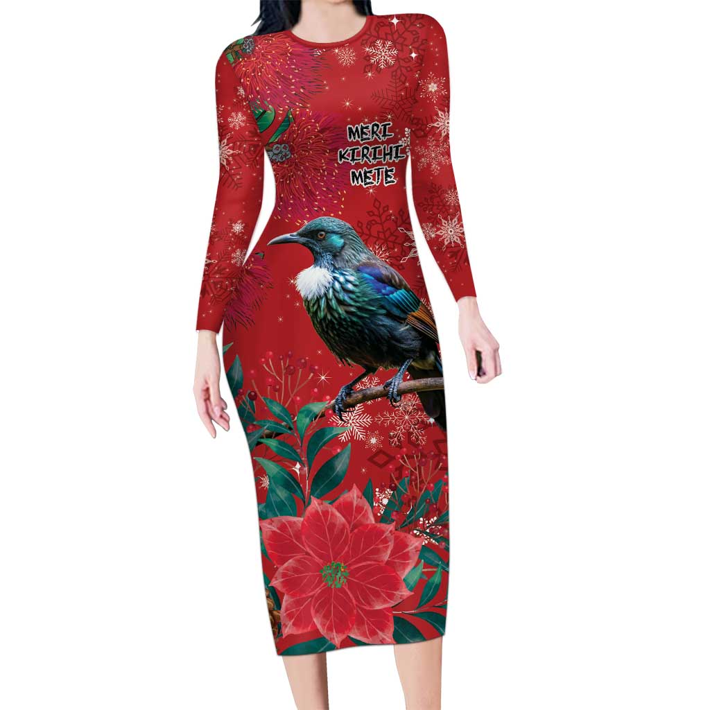 Tui Meri Kirihimete Personalised Long Sleeve Bodycon Dress Pohutukawa Flowers Red Motif - Polynesian Pride