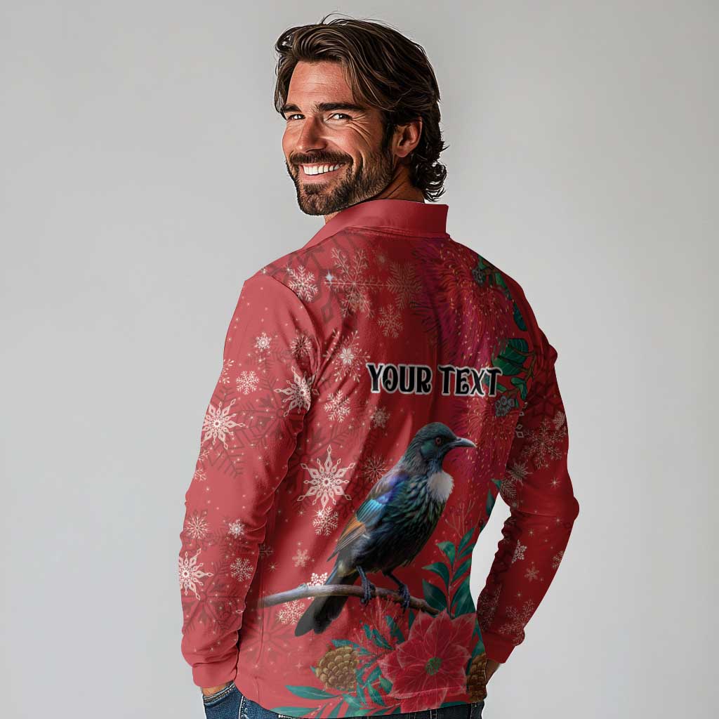 Tui Meri Kirihimete Personalised Long Sleeve Polo Shirt Pohutukawa Flowers Red Motif - Polynesian Pride