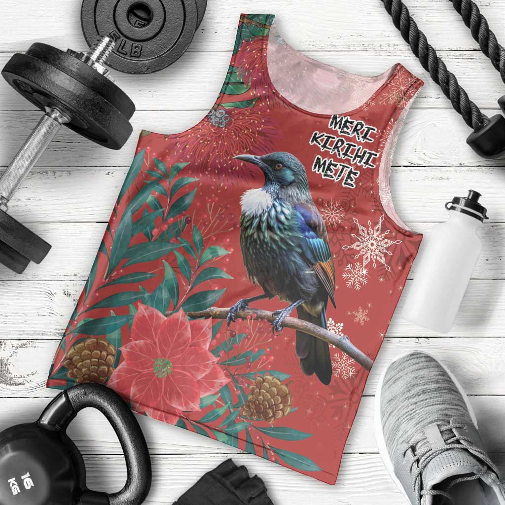 Tui Meri Kirihimete Personalised Men Tank Top Pohutukawa Flowers Red Motif - Polynesian Pride