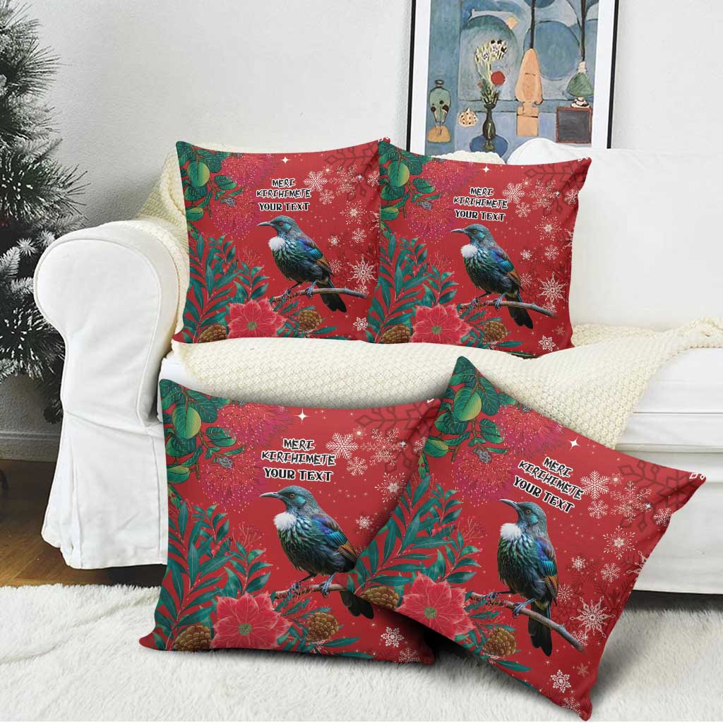 Tui Meri Kirihimete Personalised Pillow Cover Pohutukawa Flowers Red Motif - Polynesian Pride