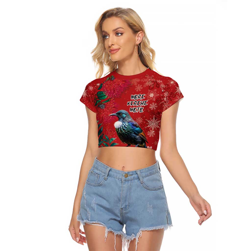 Tui Meri Kirihimete Personalised Raglan Cropped T Shirt Pohutukawa Flowers Red Motif - Polynesian Pride