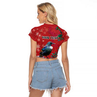 Tui Meri Kirihimete Personalised Raglan Cropped T Shirt Pohutukawa Flowers Red Motif - Polynesian Pride