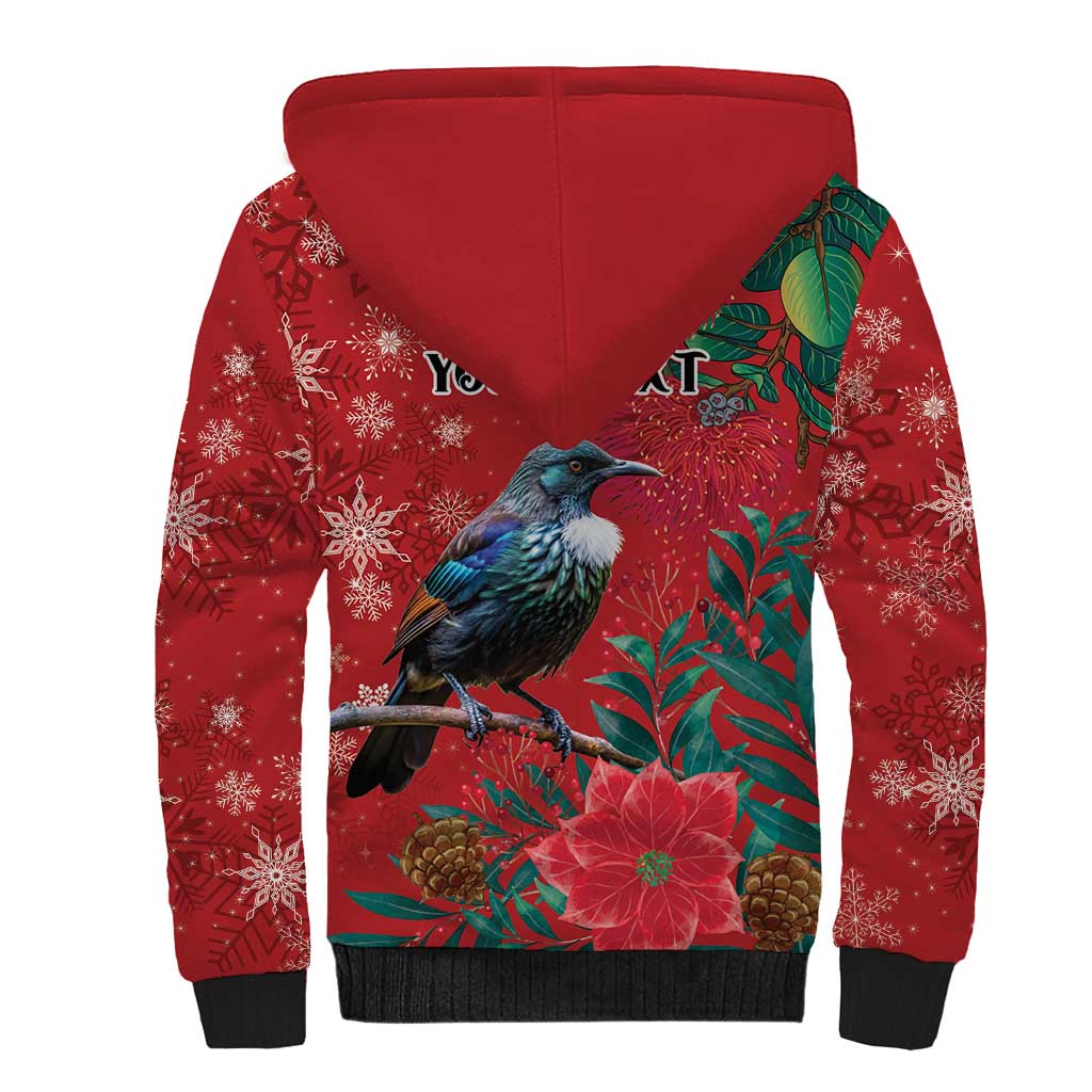 Tui Meri Kirihimete Personalised Sherpa Hoodie Pohutukawa Flowers Red Motif - Polynesian Pride