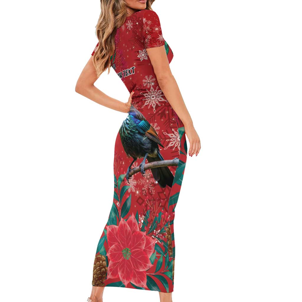 Tui Meri Kirihimete Personalised Short Sleeve Bodycon Dress Pohutukawa Flowers Red Motif - Polynesian Pride