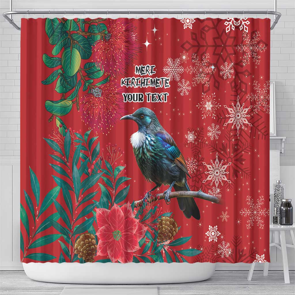 Tui Meri Kirihimete Personalised Shower Curtain Pohutukawa Flowers Red Motif LT9 - Polynesian Pride