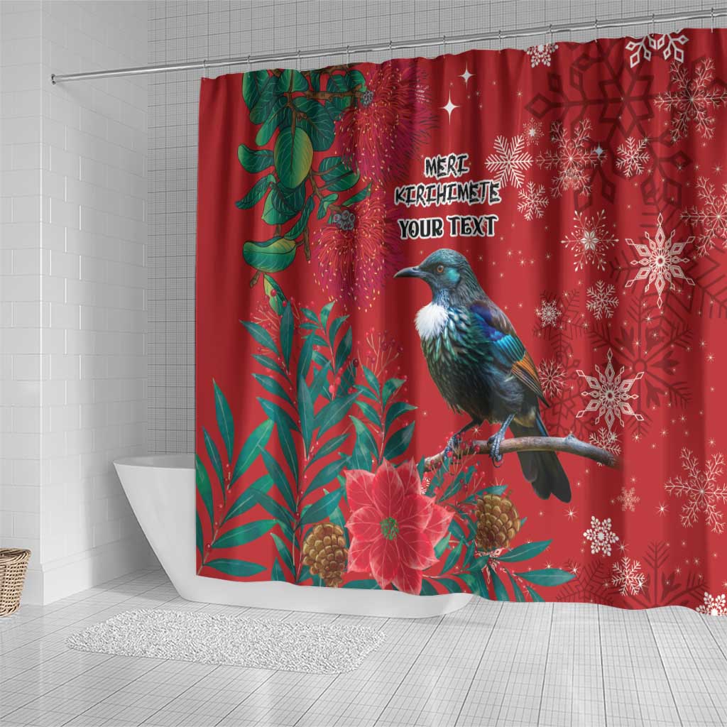 Tui Meri Kirihimete Personalised Shower Curtain Pohutukawa Flowers Red Motif LT9 - Polynesian Pride