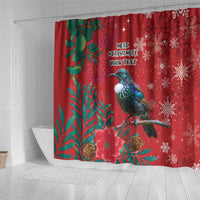 Tui Meri Kirihimete Personalised Shower Curtain Pohutukawa Flowers Red Motif LT9 - Polynesian Pride