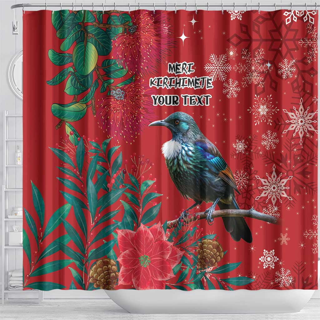 Tui Meri Kirihimete Personalised Shower Curtain Pohutukawa Flowers Red Motif LT9 - Polynesian Pride