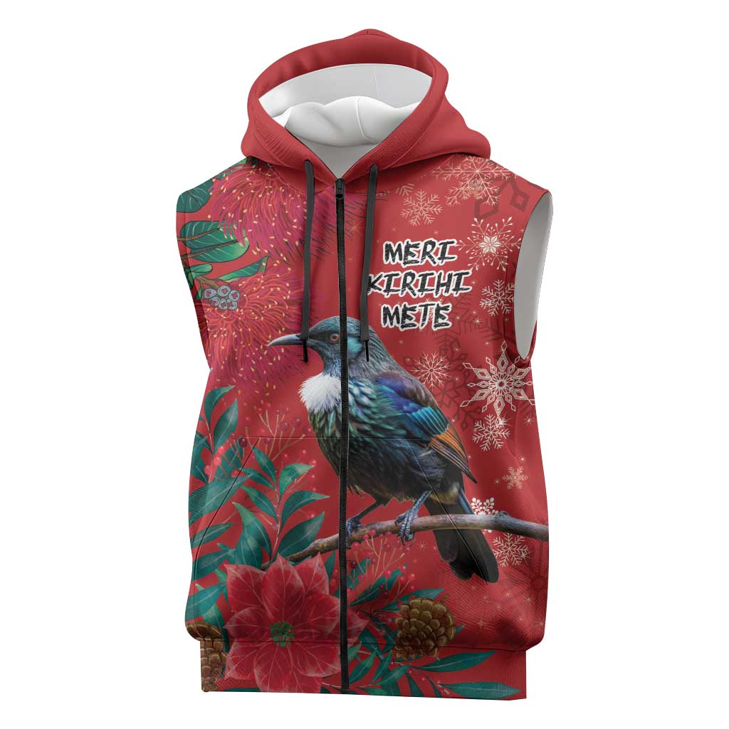 Tui Meri Kirihimete Personalised Sleeveless Zip Hoodie Pohutukawa Flowers Red Motif LT9 Red - Polynesian Pride