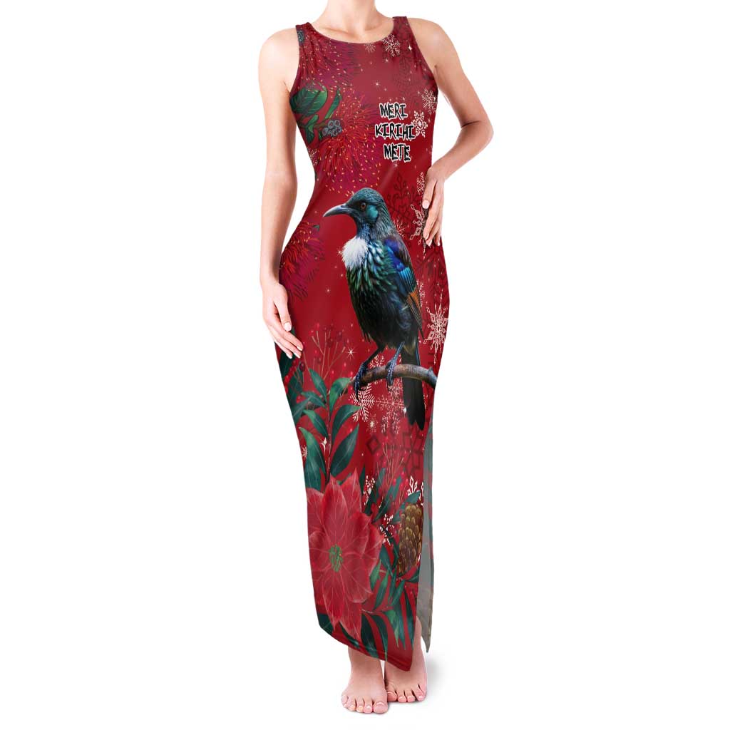Tui Meri Kirihimete Personalised Tank Maxi Dress Pohutukawa Flowers Red Motif - Polynesian Pride