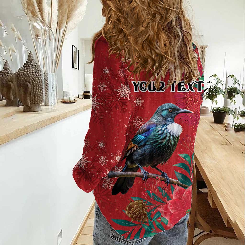 Tui Meri Kirihimete Personalised Women Casual Shirt Pohutukawa Flowers Red Motif LT9 - Polynesian Pride