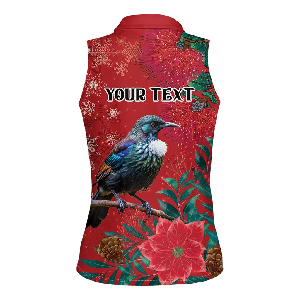 Tui Meri Kirihimete Personalised Women Sleeveless Polo Shirt Pohutukawa Flowers Red Motif LT9 - Polynesian Pride