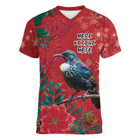 Tui Meri Kirihimete Personalised Women V-Neck T-Shirt Pohutukawa Flowers Red Motif LT9 Female Red - Polynesian Pride