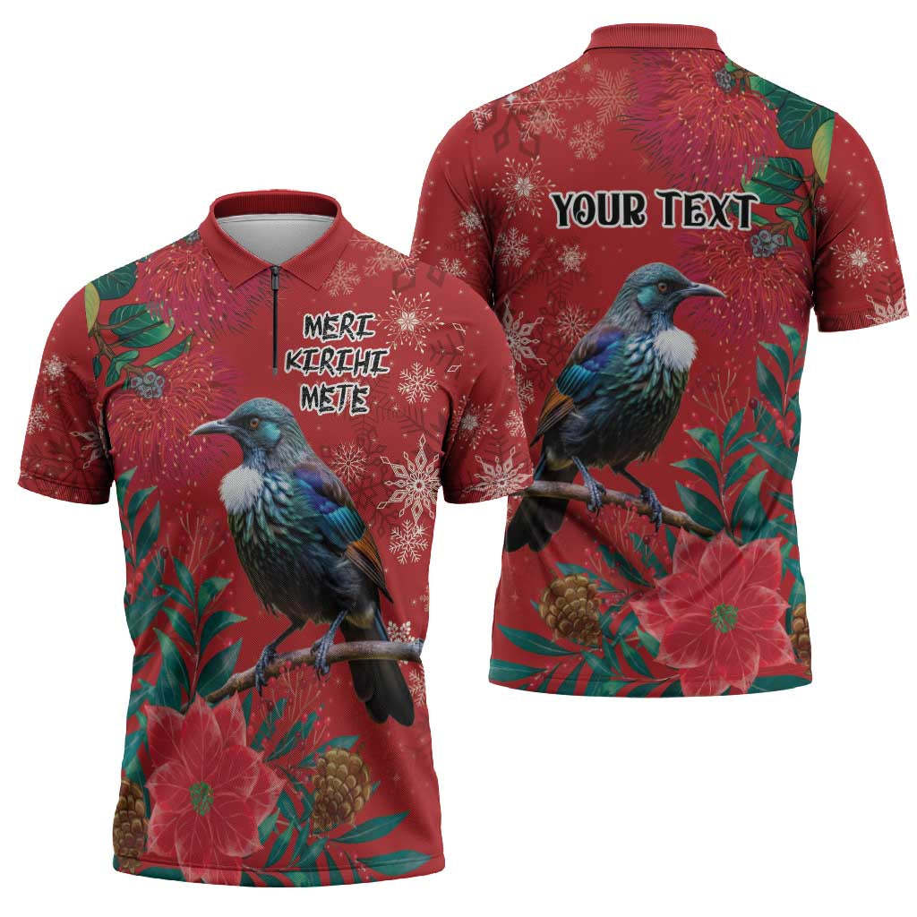 Tui Meri Kirihimete Personalised Zipper Polo Shirt Pohutukawa Flowers Red Motif - Polynesian Pride