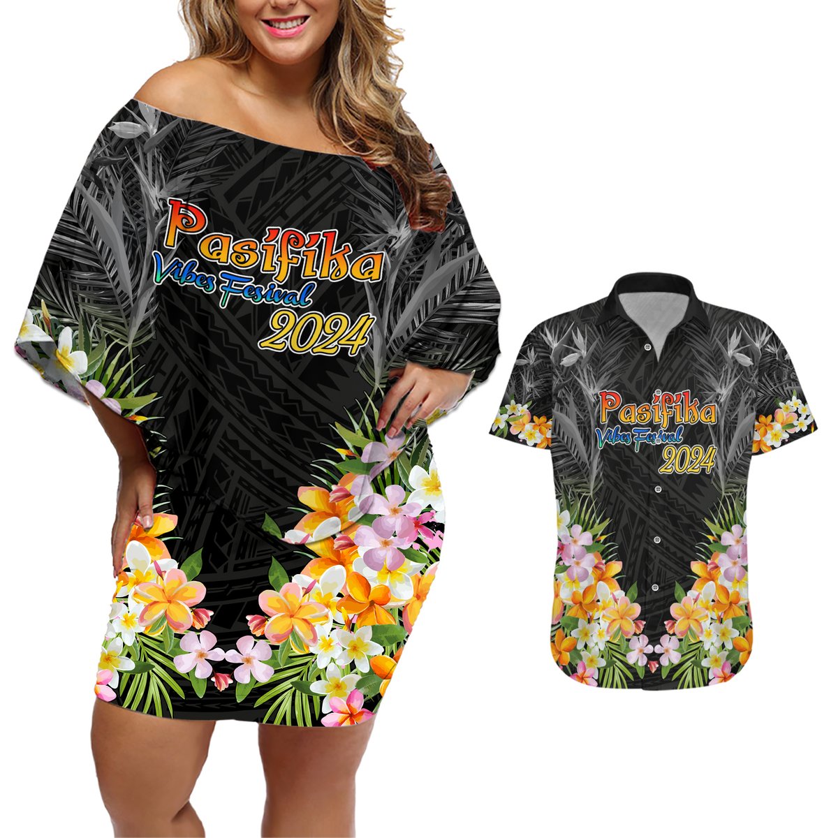 Pasifika Vibes Festival 2024 Auckland Couples Matching Off Shoulder Short Dress and Hawaiian Shirt LT9 Black - Polynesian Pride
