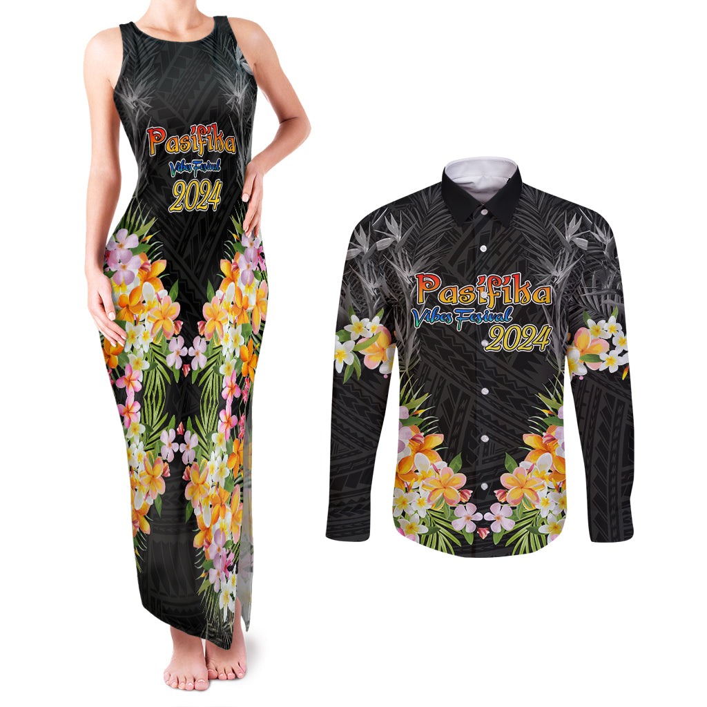 Pasifika Vibes Festival 2024 Auckland Couples Matching Tank Maxi Dress and Long Sleeve Button Shirt LT9 Black - Polynesian Pride