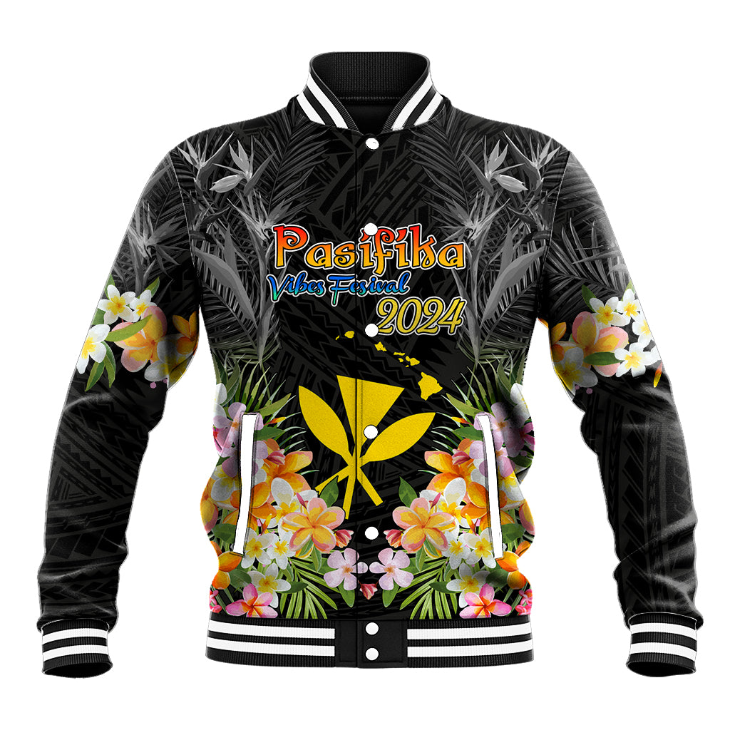 Pasifika Vibes Festival 2024 Baseball Jacket Kanaka Maoli With Hawaiian Islands LT9 Unisex Black - Polynesian Pride