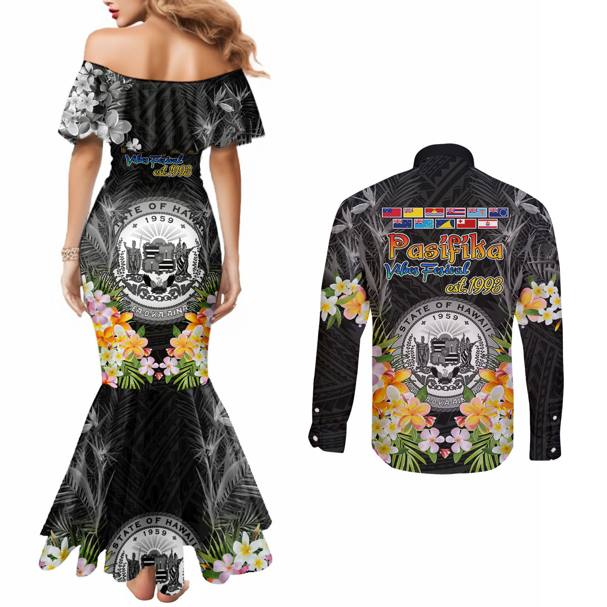 Pasifika Vibes Festival 2024 Couples Matching Mermaid Dress and Long Sleeve Button Shirt Kanaka Maoli With Hawaiian Islands LT9 - Polynesian Pride