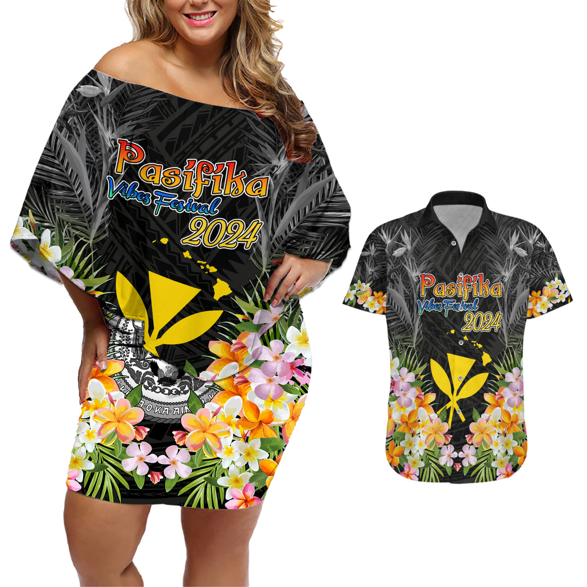 Pasifika Vibes Festival 2024 Couples Matching Off Shoulder Short Dress and Hawaiian Shirt Kanaka Maoli With Hawaiian Islands LT9 Black - Polynesian Pride