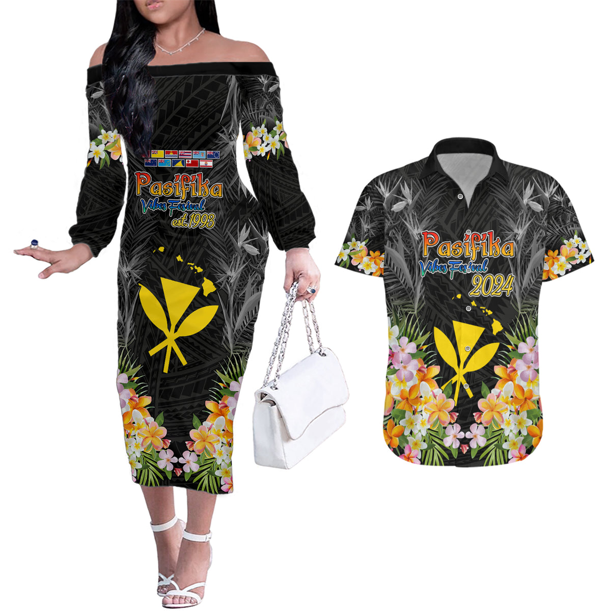Pasifika Vibes Festival 2024 Couples Matching Off The Shoulder Long Sleeve Dress and Hawaiian Shirt Kanaka Maoli With Hawaiian Islands LT9 Black - Polynesian Pride
