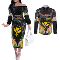 Pasifika Vibes Festival 2024 Couples Matching Off The Shoulder Long Sleeve Dress and Long Sleeve Button Shirt Kanaka Maoli With Hawaiian Islands LT9 Black - Polynesian Pride