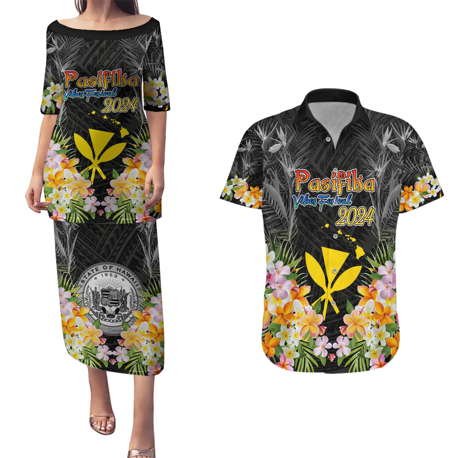 Pasifika Vibes Festival 2024 Couples Matching Puletasi and Hawaiian Shirt Kanaka Maoli With Hawaiian Islands LT9 Black - Polynesian Pride