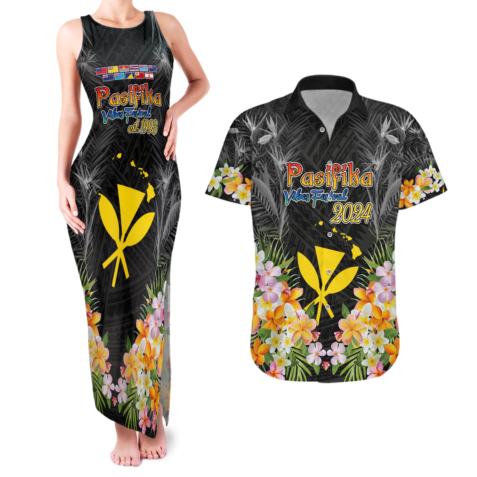 Pasifika Vibes Festival 2024 Couples Matching Tank Maxi Dress and Hawaiian Shirt Kanaka Maoli With Hawaiian Islands LT9 Black - Polynesian Pride