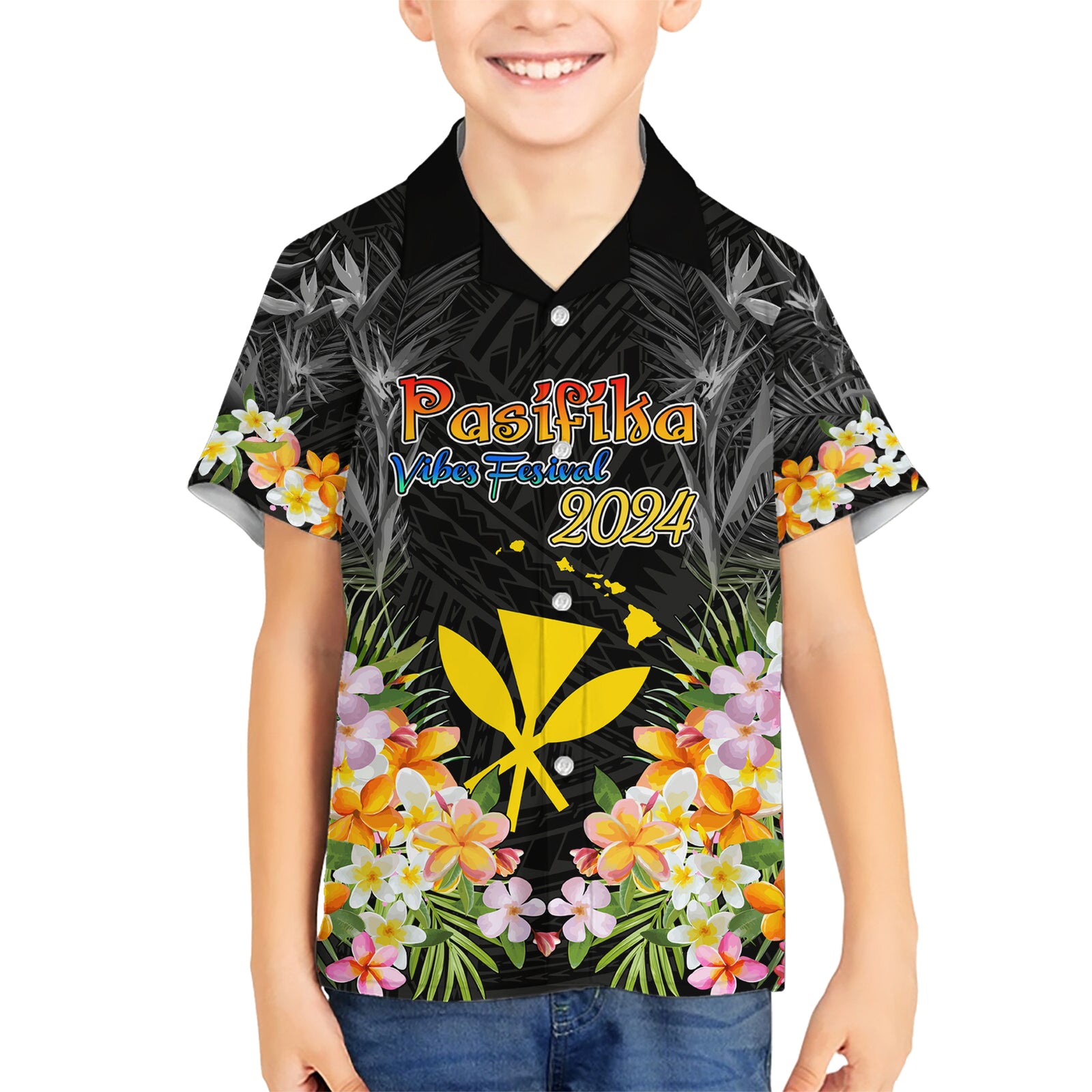 Pasifika Vibes Festival 2024 Kid Hawaiian Shirt Kanaka Maoli With Hawaiian Islands LT9 Kid Black - Polynesian Pride