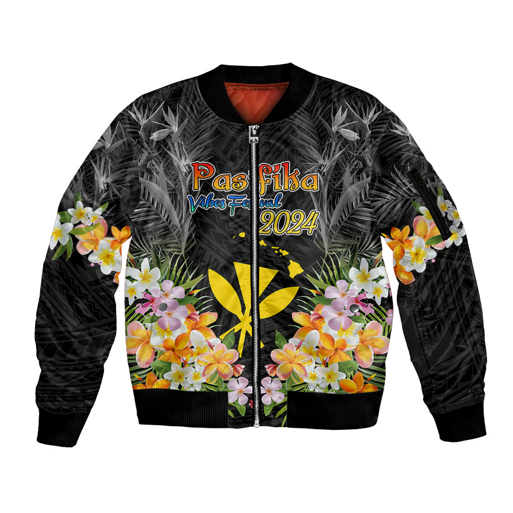 Pasifika Vibes Festival 2024 Sleeve Zip Bomber Jacket Kanaka Maoli With Hawaiian Islands LT9 Unisex Black - Polynesian Pride