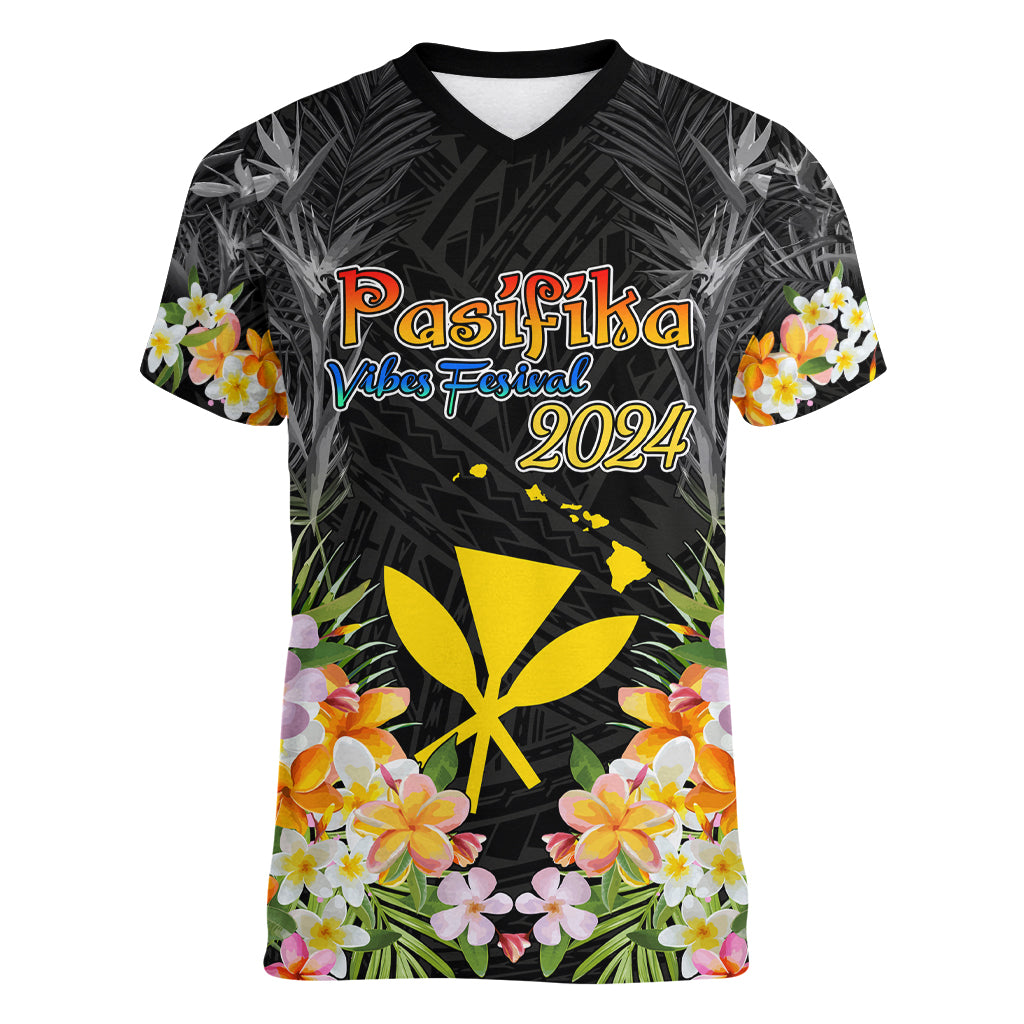 Pasifika Vibes Festival 2024 Women V Neck T Shirt Kanaka Maoli With Hawaiian Islands LT9 Female Black - Polynesian Pride