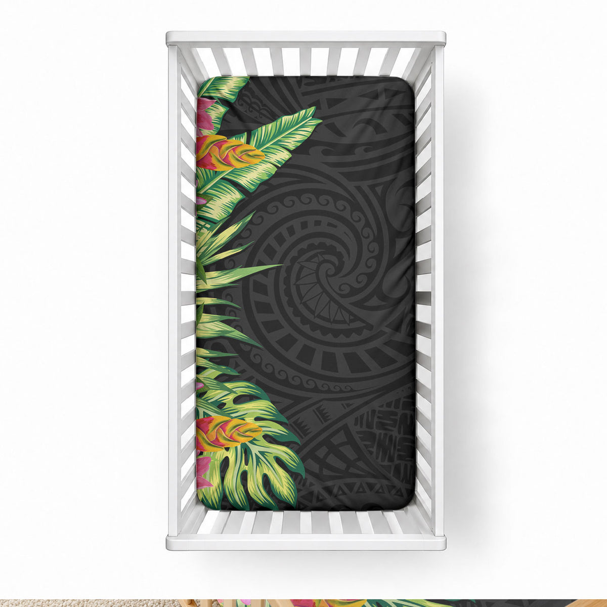 Hawaii Tropical Flowers Tribal Pattern Baby Bed Cover No1 LT9 28 × 52 in Black - Polynesian Pride