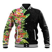 Hawaii Tropical Flowers Tribal Pattern Baseball Jacket No1 LT9 Unisex Black - Polynesian Pride