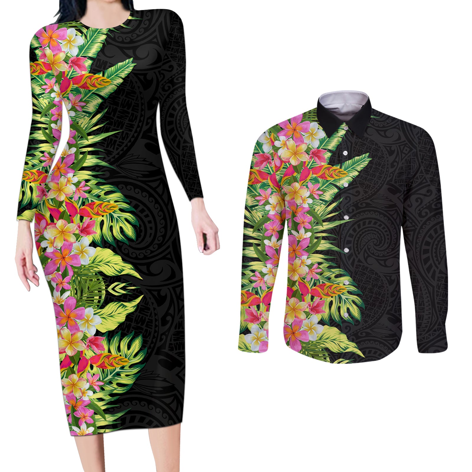 Hawaii Tropical Flowers Tribal Pattern Couples Matching Long Sleeve Bodycon Dress and Long Sleeve Button Shirt No1 LT9 Black - Polynesian Pride