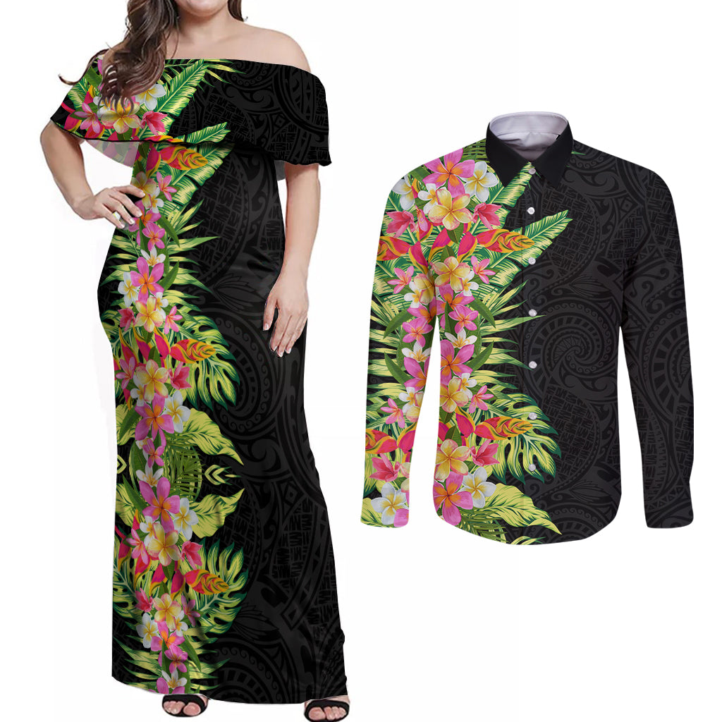 Hawaii Tropical Flowers Tribal Pattern Couples Matching Off Shoulder Maxi Dress and Long Sleeve Button Shirt No1 LT9 Black - Polynesian Pride