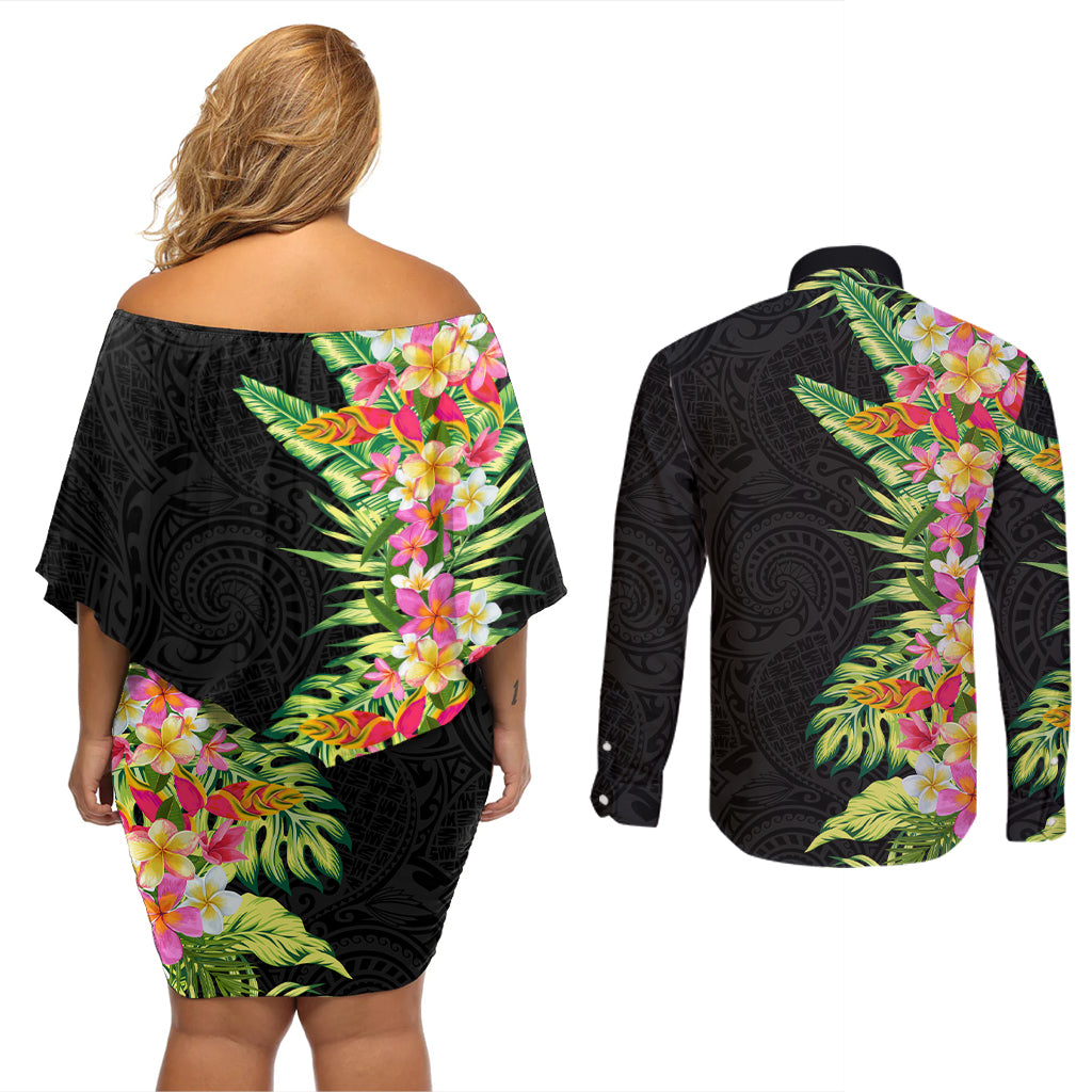 Hawaii Tropical Flowers Tribal Pattern Couples Matching Off Shoulder Short Dress and Long Sleeve Button Shirt No1 LT9 - Polynesian Pride